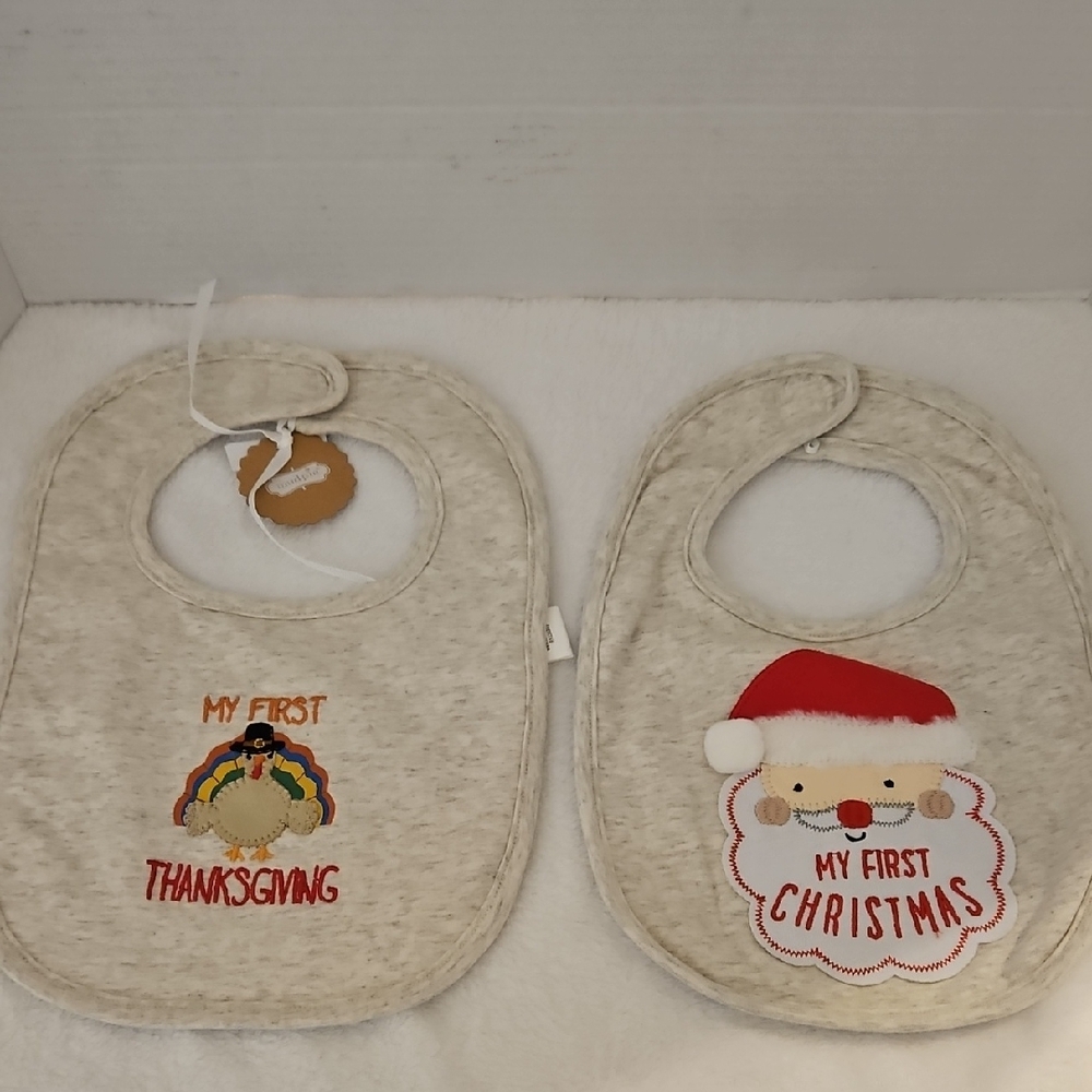 Mud Pie NWT First Thanksgiving Christmas Tuckey Santa Holiday Bib Set
